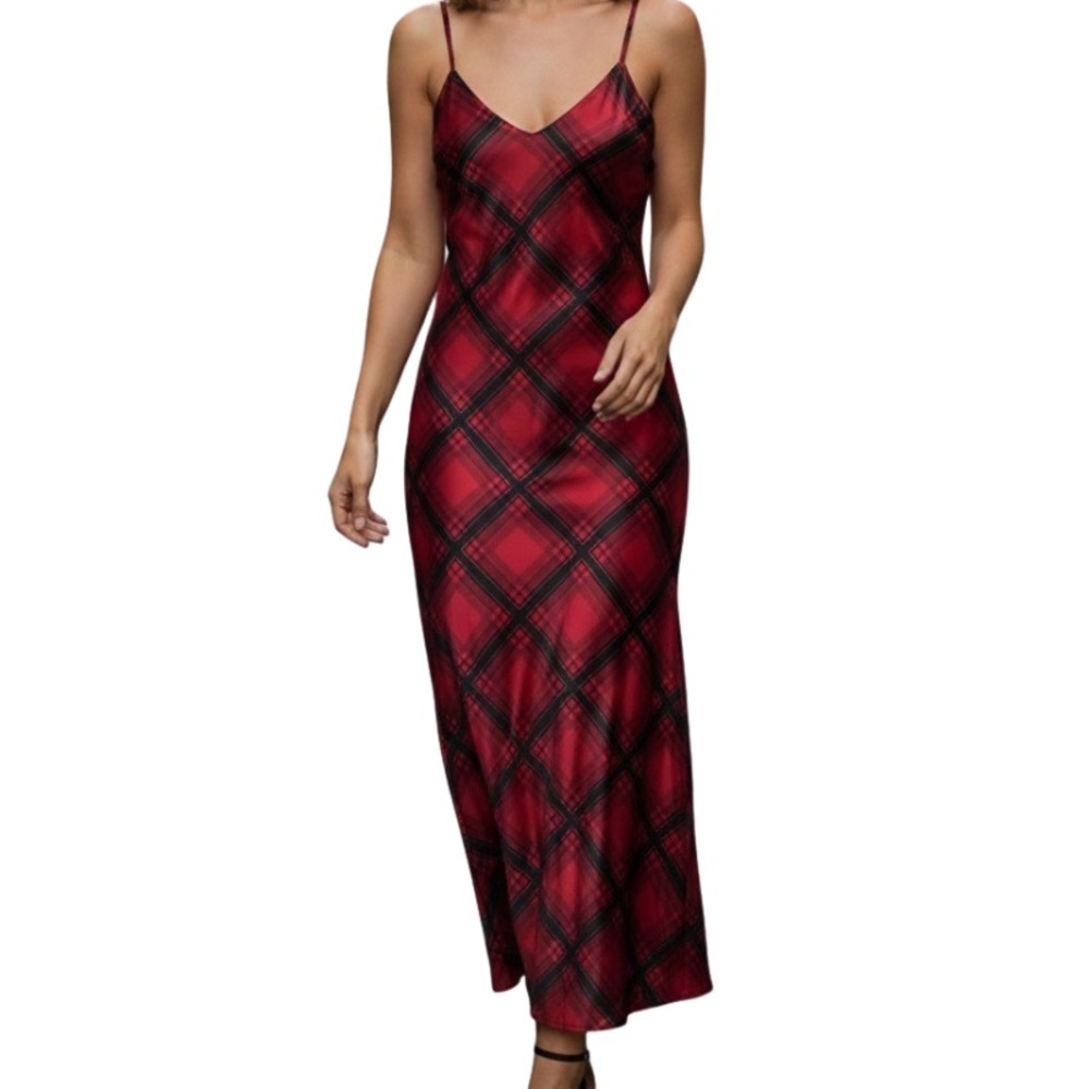 Rachel Zoe Satin Red Black Plaid Slip Maxi Dress M Bias Cut Y2K Holiday Party